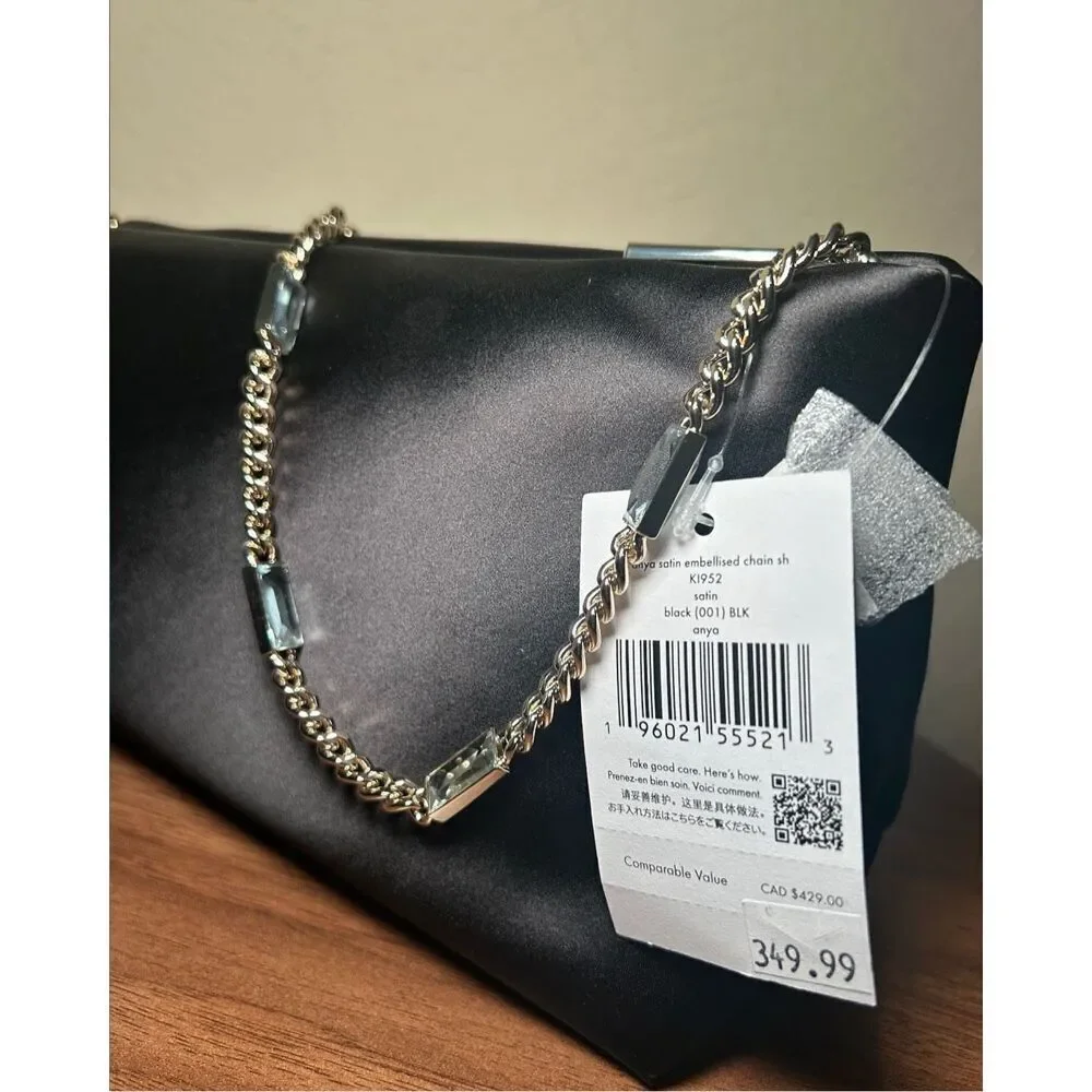 Kate Spade Anya Chain Strap Satin Shoulder Bag Black Gold Evening Glam Date NWT